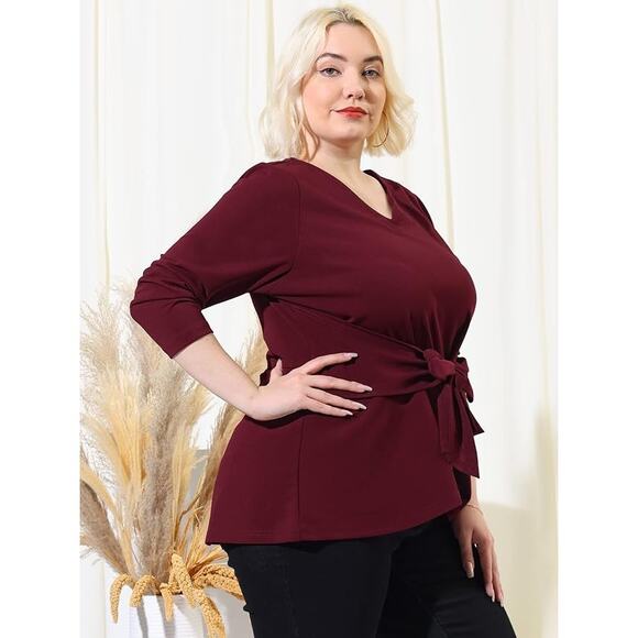 Peplum Style Burgundy Belted Knot Tie Top Agnes Orinda Women's Plus Size 3X - Picture 8 of 8